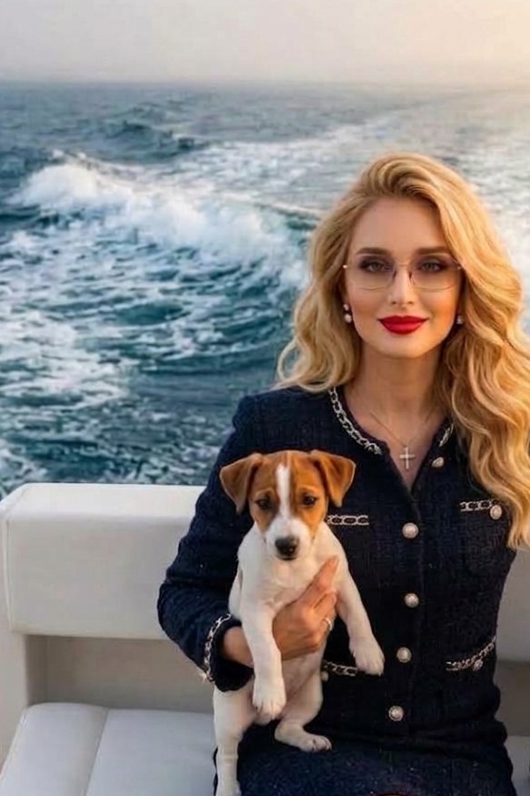 Monika Pavlickova on the water, holding her dog Sasha